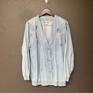 Vintage 90s Laurante White Wash Blue Denim Cotton Jacket Appliqué